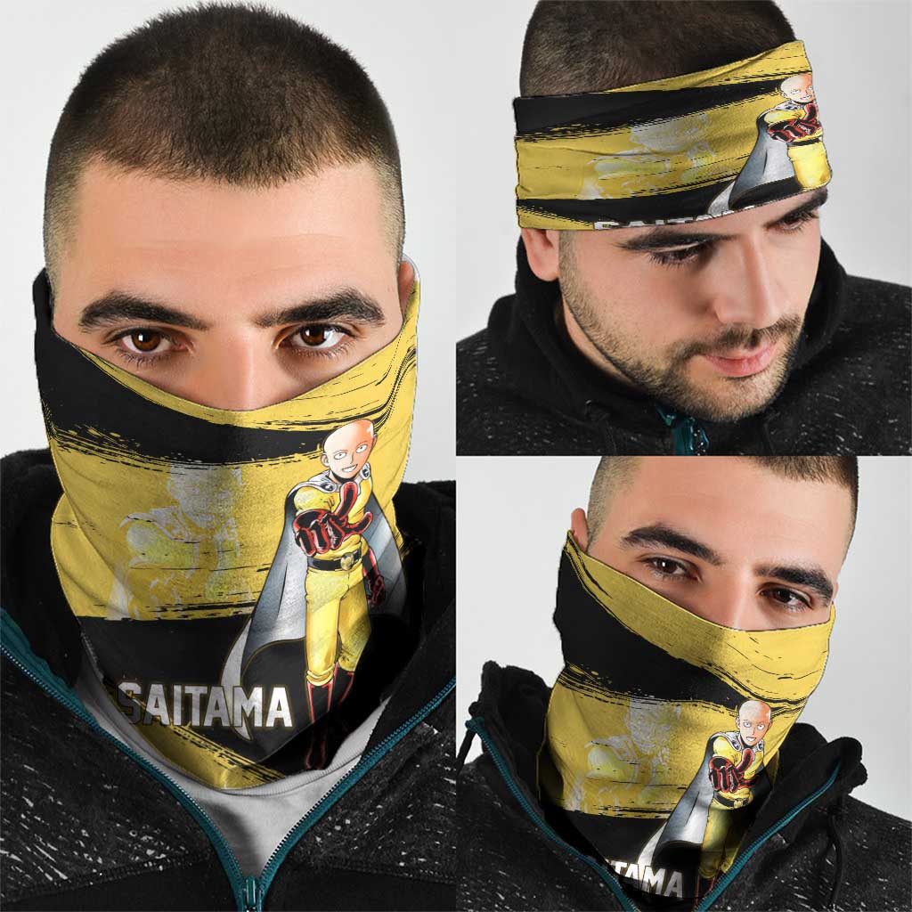 Saitama One Punch Man Anime Yellow and Black Theme Neck Gaiter with Heroic Pose and Dynamic Brushstroke Background - The Mazicc
