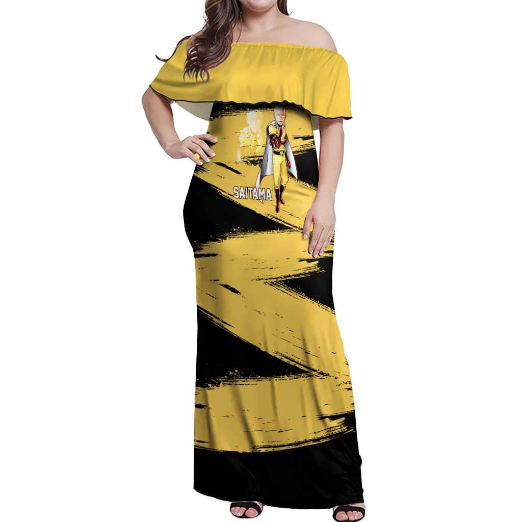 Saitama One Punch Man Anime Yellow and Black Theme Off Shoulder Maxi Dress with Heroic Pose and Dynamic Brushstroke Background - The Mazicc