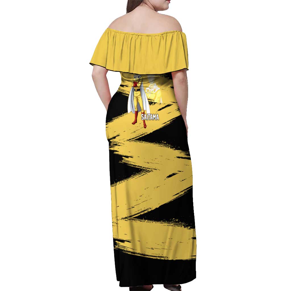 Saitama One Punch Man Anime Yellow and Black Theme Off Shoulder Maxi Dress with Heroic Pose and Dynamic Brushstroke Background - The Mazicc