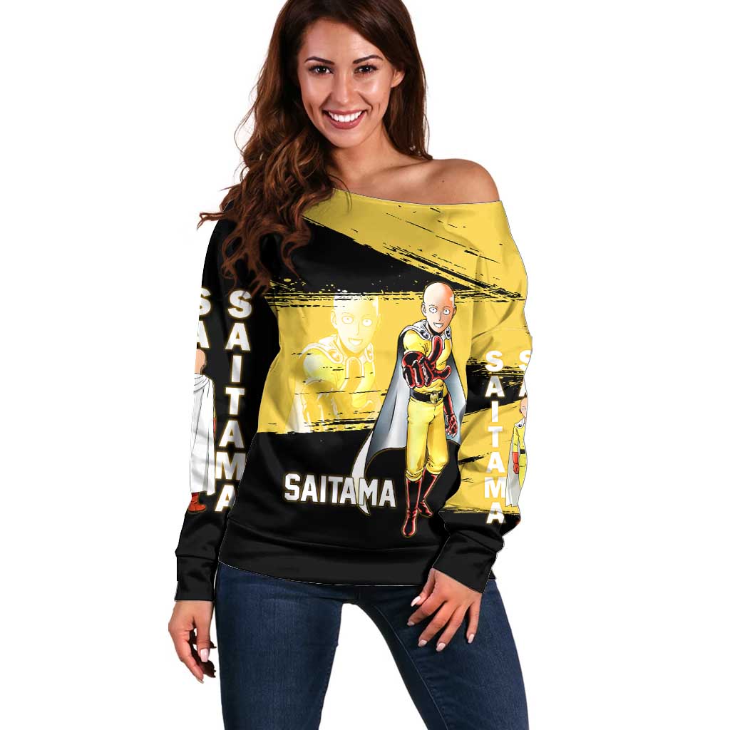 Saitama One Punch Man Anime Yellow and Black Theme Off Shoulder Sweater with Heroic Pose and Dynamic Brushstroke Background - The Mazicc