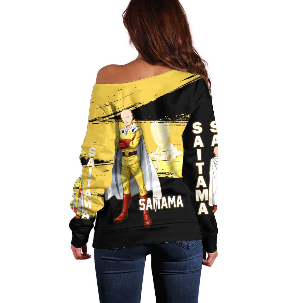 Saitama One Punch Man Anime Yellow and Black Theme Off Shoulder Sweater with Heroic Pose and Dynamic Brushstroke Background - The Mazicc