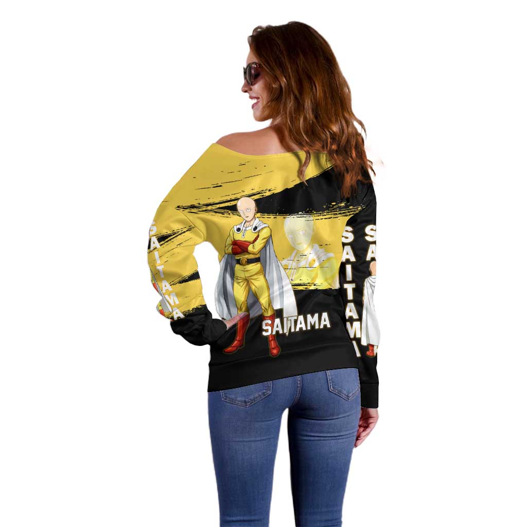 Saitama One Punch Man Anime Yellow and Black Theme Off Shoulder Sweater with Heroic Pose and Dynamic Brushstroke Background - The Mazicc