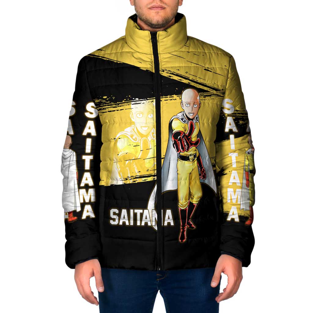 Saitama One Punch Man Anime Yellow and Black Theme Padded Jacket with Heroic Pose and Dynamic Brushstroke Background - The Mazicc