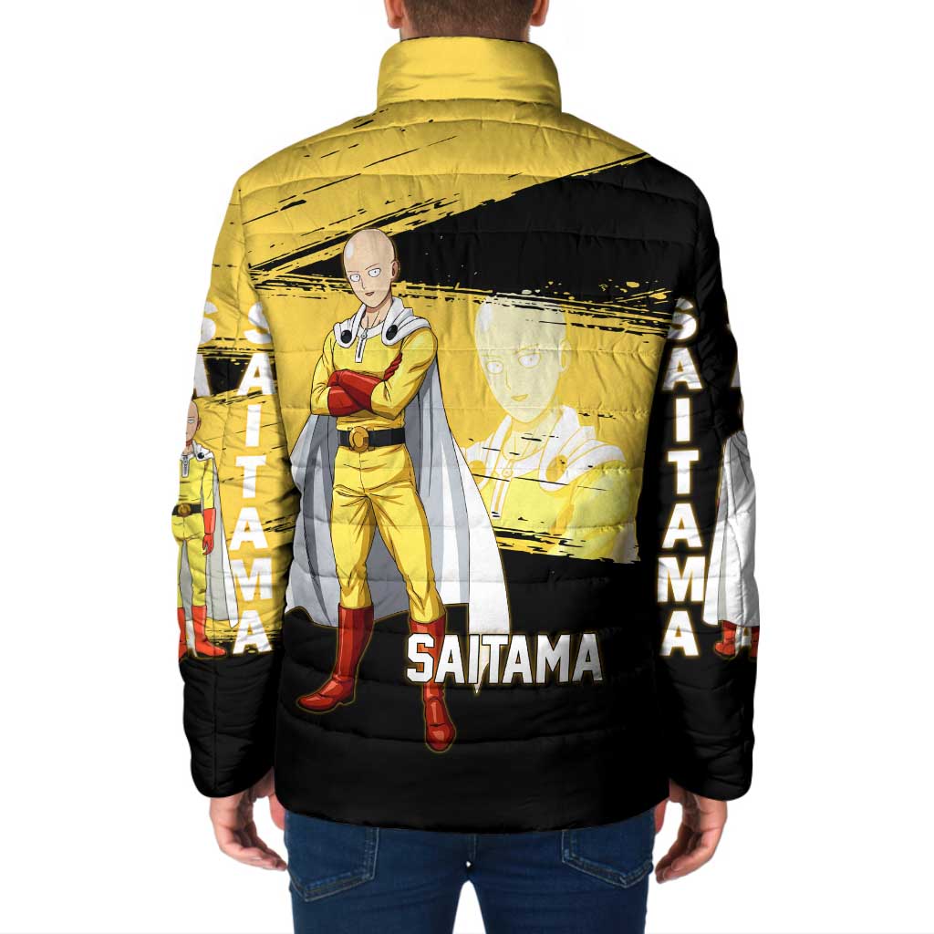 Saitama One Punch Man Anime Yellow and Black Theme Padded Jacket with Heroic Pose and Dynamic Brushstroke Background - The Mazicc