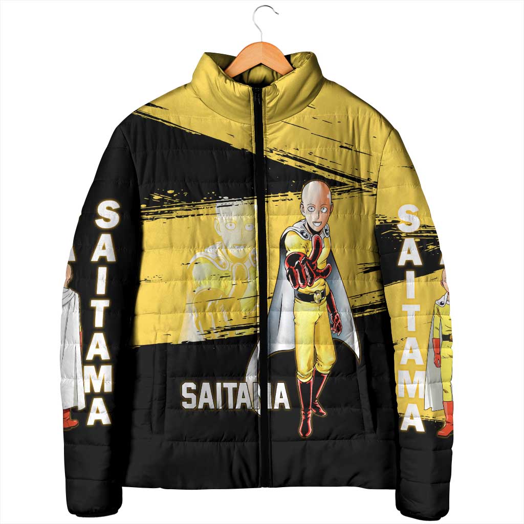 Saitama One Punch Man Anime Yellow and Black Theme Padded Jacket with Heroic Pose and Dynamic Brushstroke Background - The Mazicc