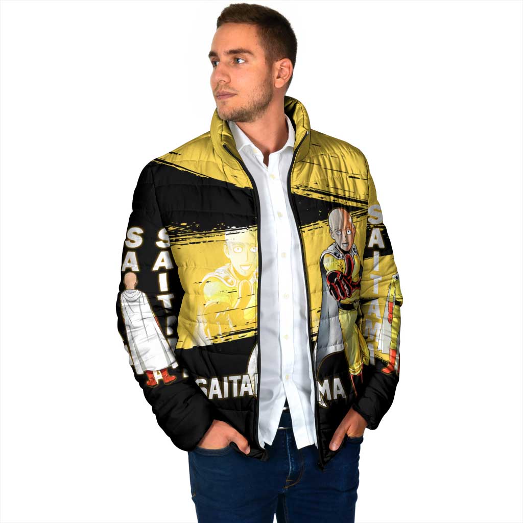 Saitama One Punch Man Anime Yellow and Black Theme Padded Jacket with Heroic Pose and Dynamic Brushstroke Background - The Mazicc