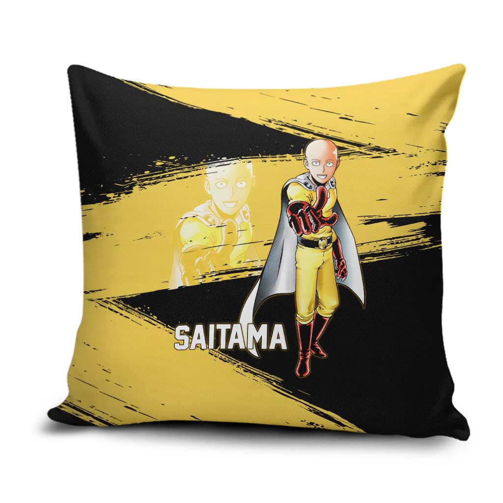 Saitama One Punch Man Anime Yellow and Black Theme Pillow Cover with Heroic Pose and Dynamic Brushstroke Background - The Mazicc