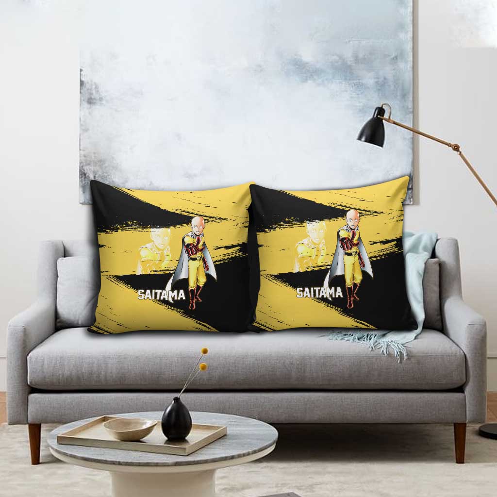 Saitama One Punch Man Anime Yellow and Black Theme Pillow Cover with Heroic Pose and Dynamic Brushstroke Background - The Mazicc