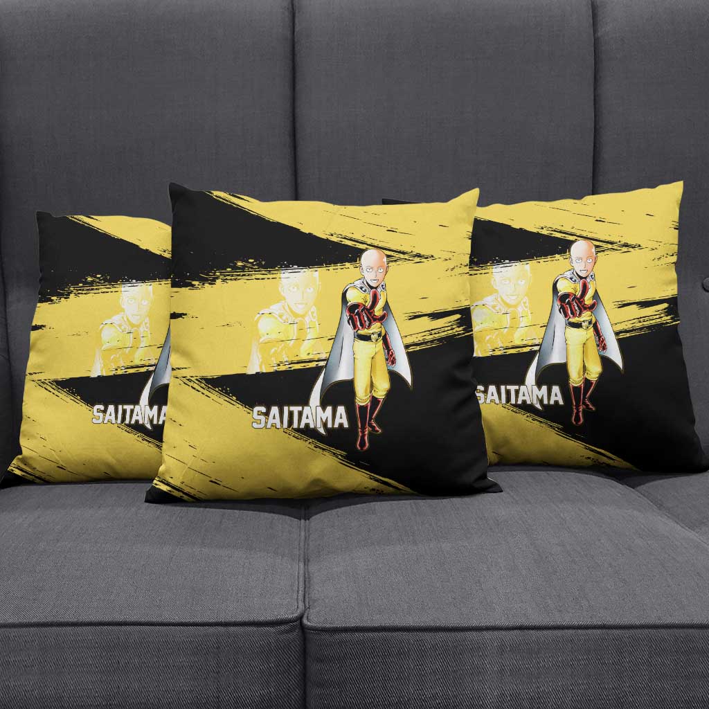 Saitama One Punch Man Anime Yellow and Black Theme Pillow Cover with Heroic Pose and Dynamic Brushstroke Background - The Mazicc
