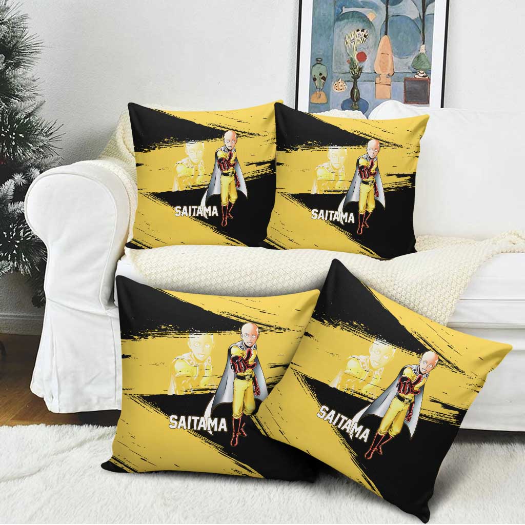 Saitama One Punch Man Anime Yellow and Black Theme Pillow Cover with Heroic Pose and Dynamic Brushstroke Background - The Mazicc