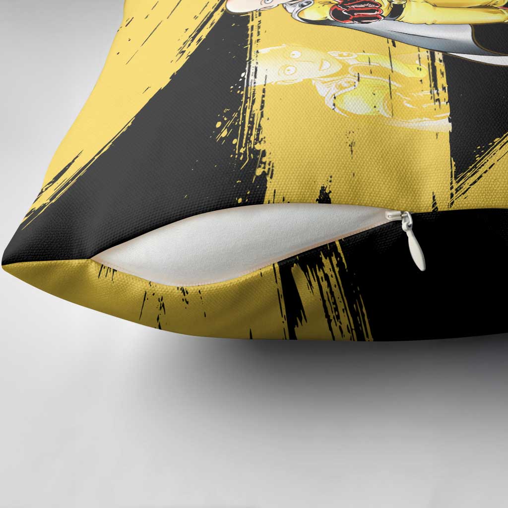 Saitama One Punch Man Anime Yellow and Black Theme Pillow Cover with Heroic Pose and Dynamic Brushstroke Background - The Mazicc