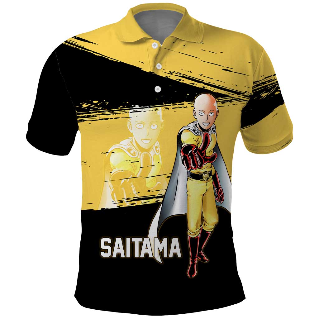 Saitama One Punch Man Anime Yellow and Black Theme Polo Shirt with Heroic Pose and Dynamic Brushstroke Background - The Mazicc