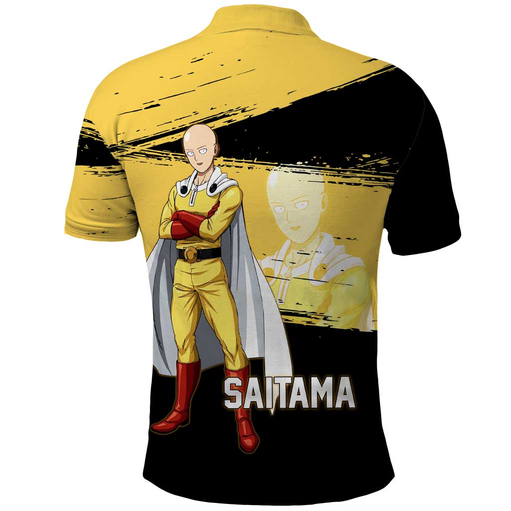 Saitama One Punch Man Anime Yellow and Black Theme Polo Shirt with Heroic Pose and Dynamic Brushstroke Background - The Mazicc