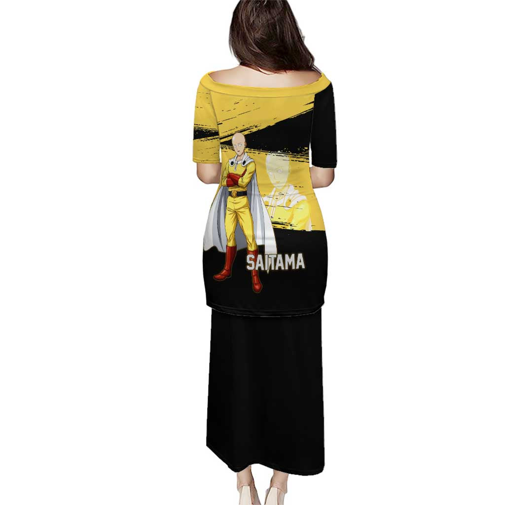 Saitama One Punch Man Anime Yellow and Black Theme Puletasi with Heroic Pose and Dynamic Brushstroke Background - The Mazicc