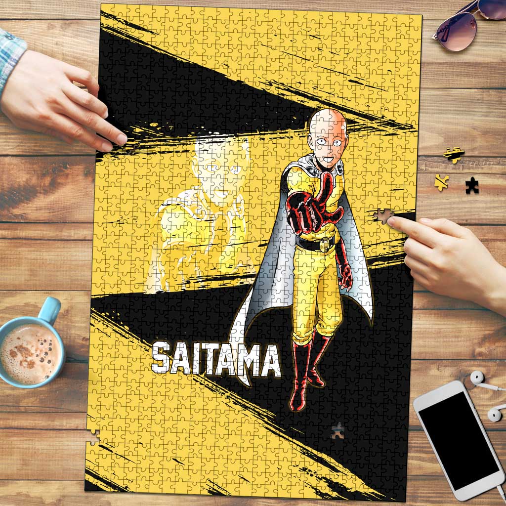 Saitama One Punch Man Anime Yellow and Black Theme Puzzle with Heroic Pose and Dynamic Brushstroke Background - The Mazicc