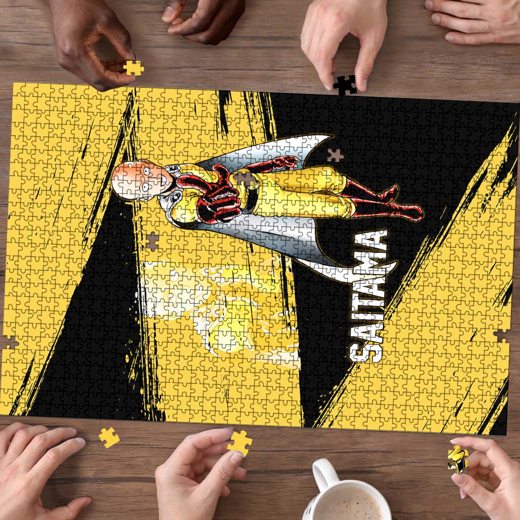 Saitama One Punch Man Anime Yellow and Black Theme Puzzle with Heroic Pose and Dynamic Brushstroke Background - The Mazicc