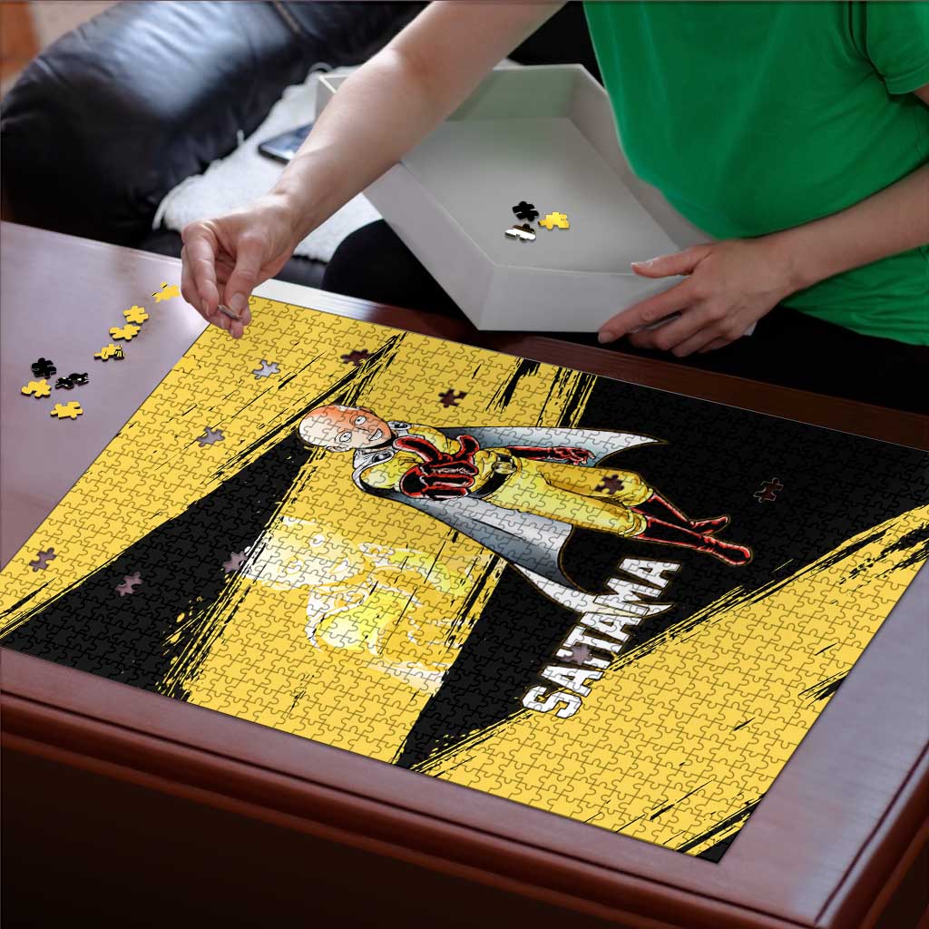 Saitama One Punch Man Anime Yellow and Black Theme Puzzle with Heroic Pose and Dynamic Brushstroke Background - The Mazicc