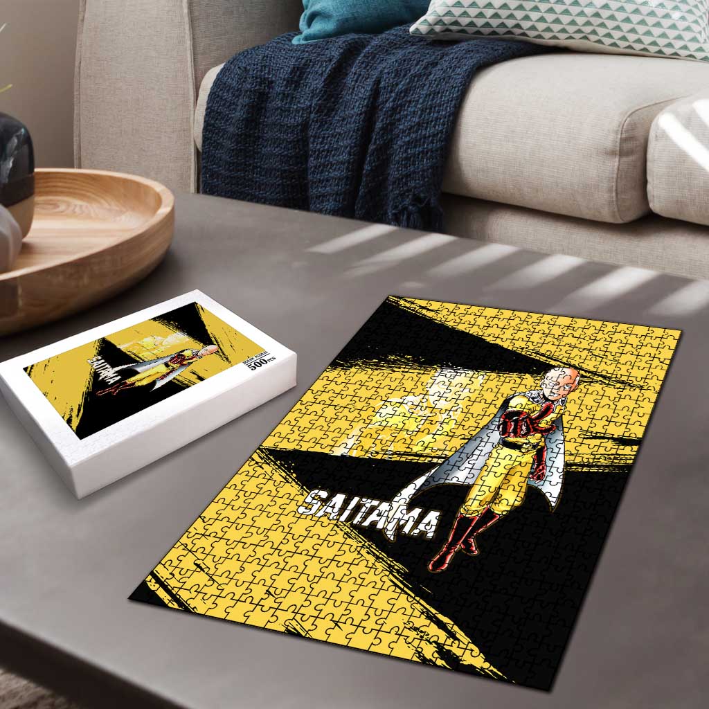 Saitama One Punch Man Anime Yellow and Black Theme Puzzle with Heroic Pose and Dynamic Brushstroke Background - The Mazicc