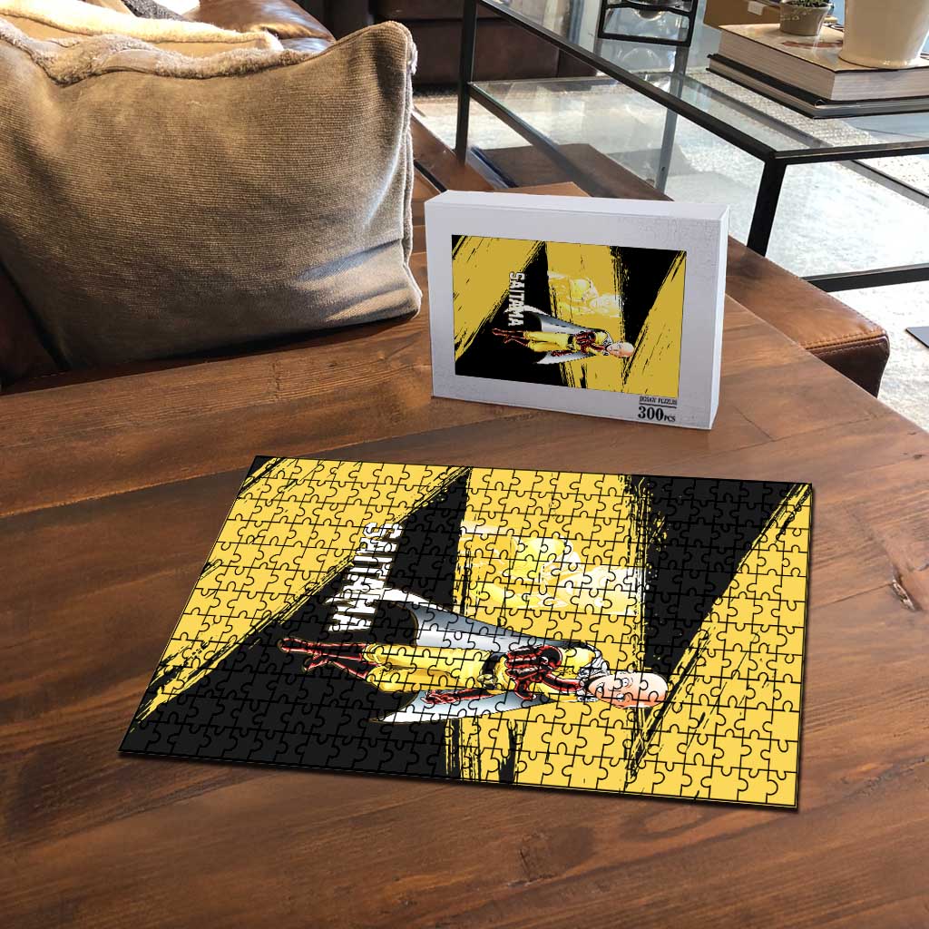 Saitama One Punch Man Anime Yellow and Black Theme Puzzle with Heroic Pose and Dynamic Brushstroke Background - The Mazicc