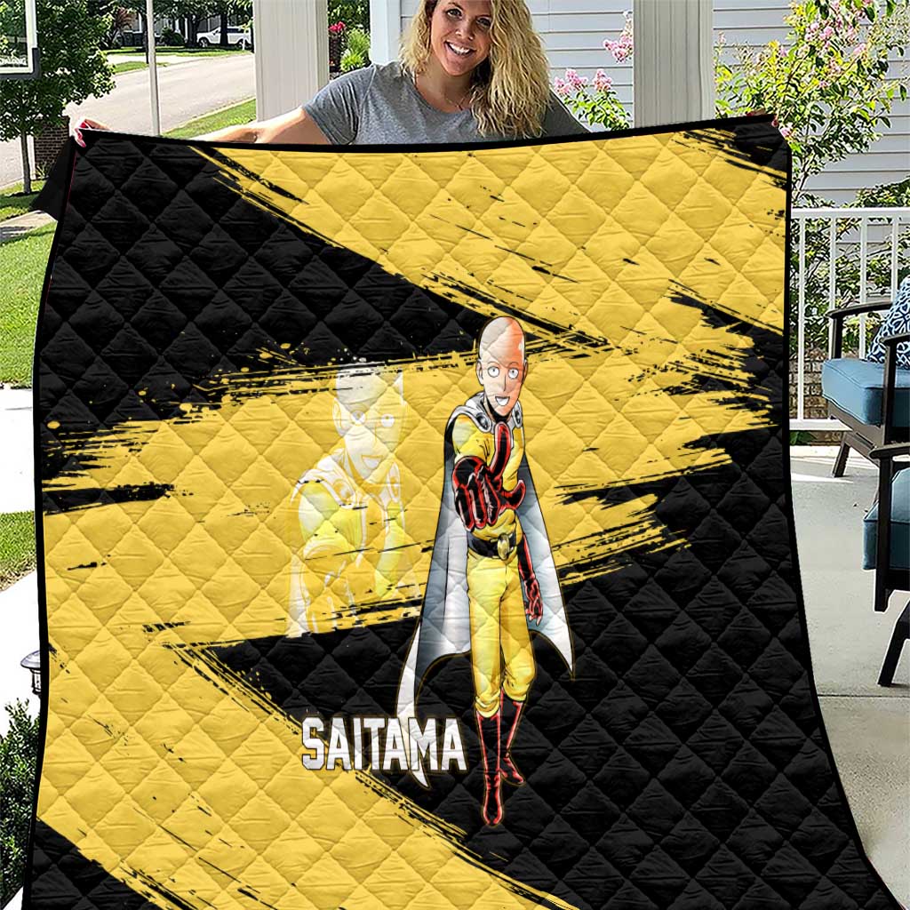 Saitama One Punch Man Anime Yellow and Black Theme Quilt with Heroic Pose and Dynamic Brushstroke Background - The Mazicc