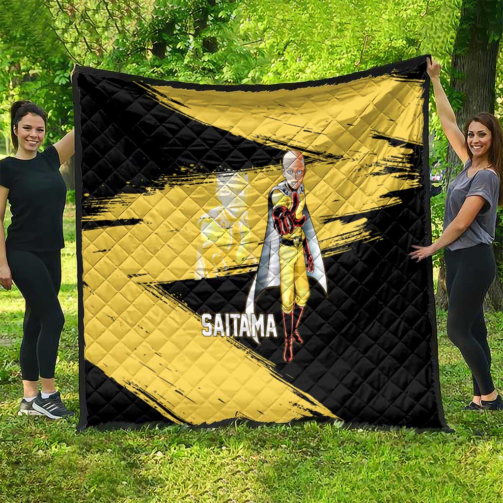 Saitama One Punch Man Anime Yellow and Black Theme Quilt with Heroic Pose and Dynamic Brushstroke Background - The Mazicc
