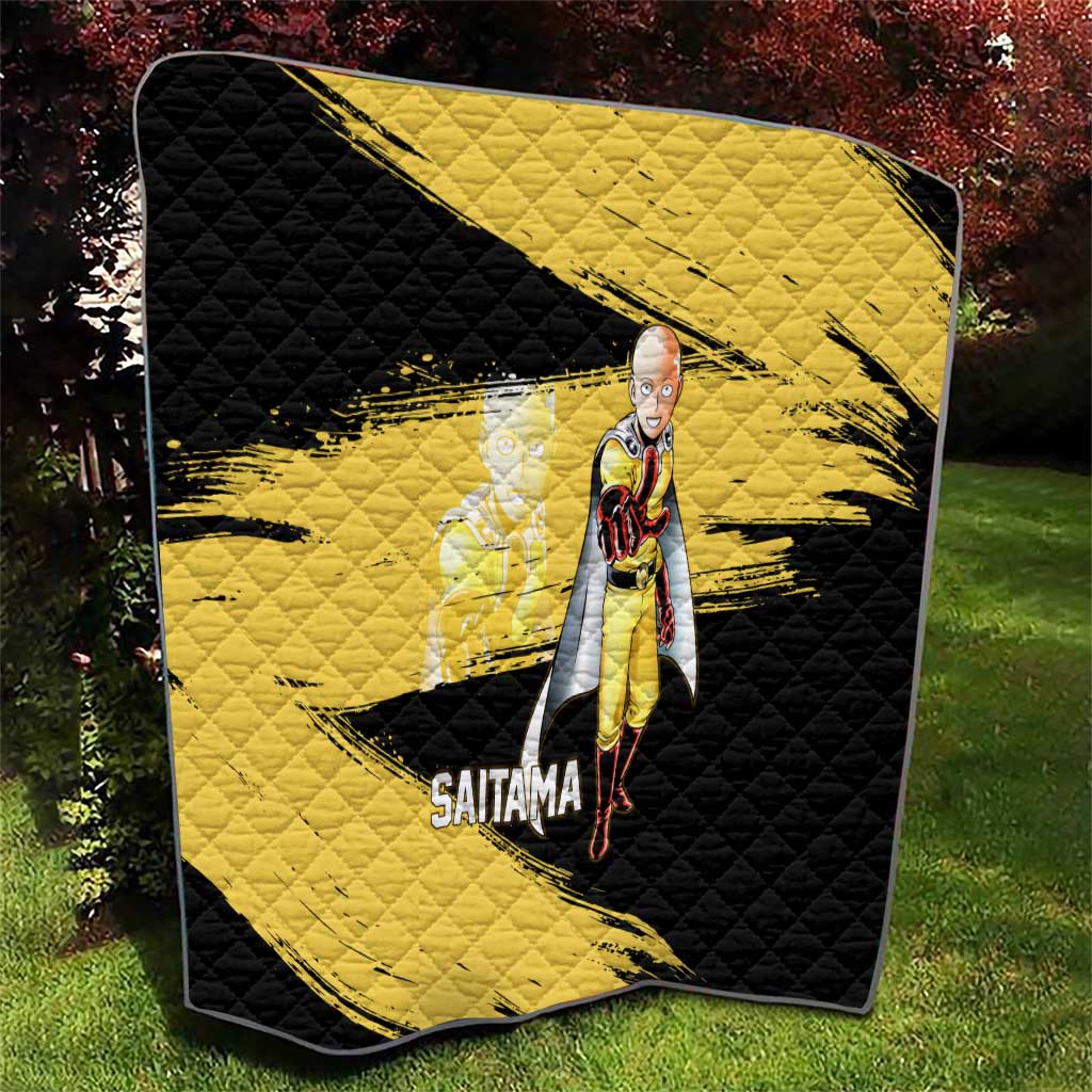 Saitama One Punch Man Anime Yellow and Black Theme Quilt with Heroic Pose and Dynamic Brushstroke Background - The Mazicc