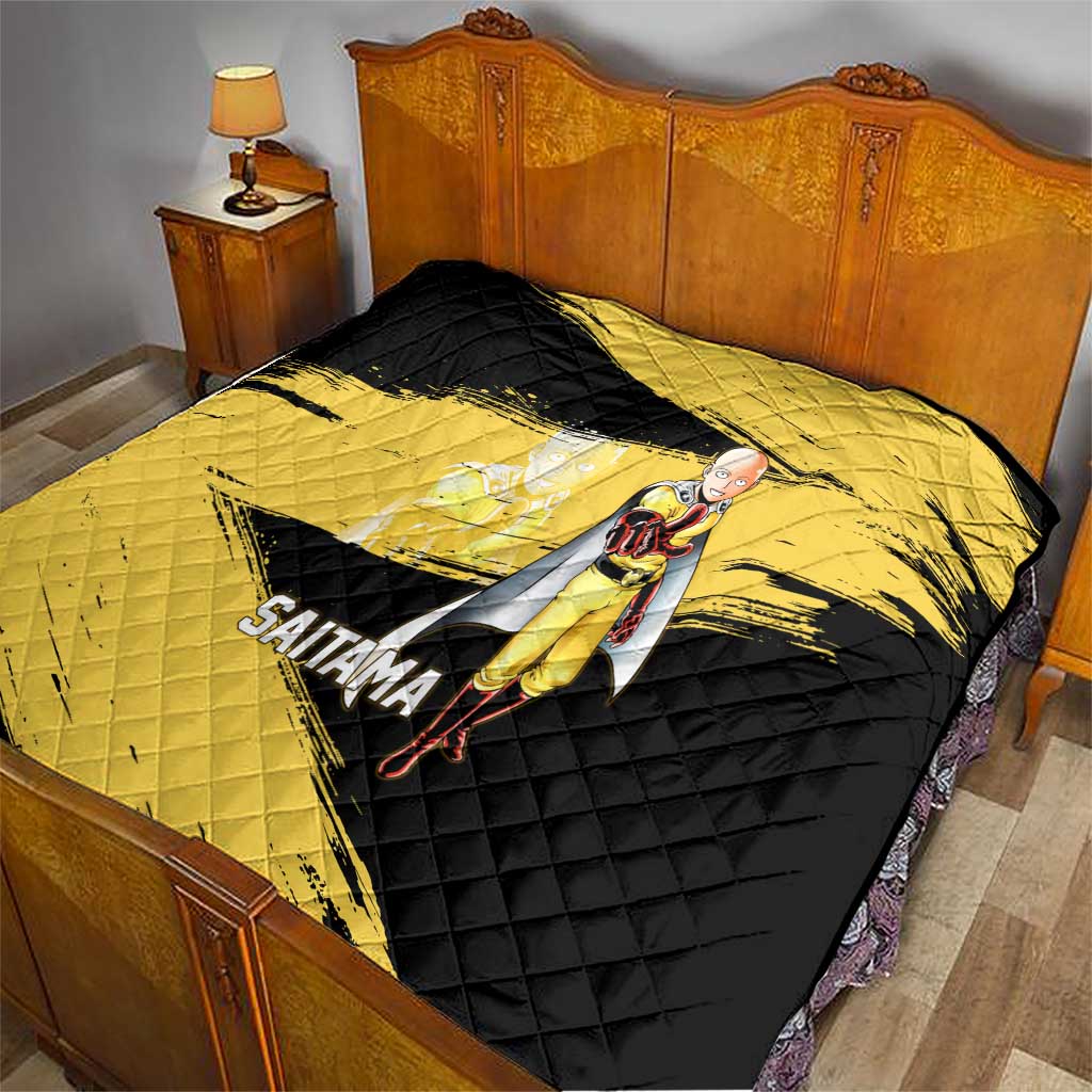 Saitama One Punch Man Anime Yellow and Black Theme Quilt with Heroic Pose and Dynamic Brushstroke Background - The Mazicc