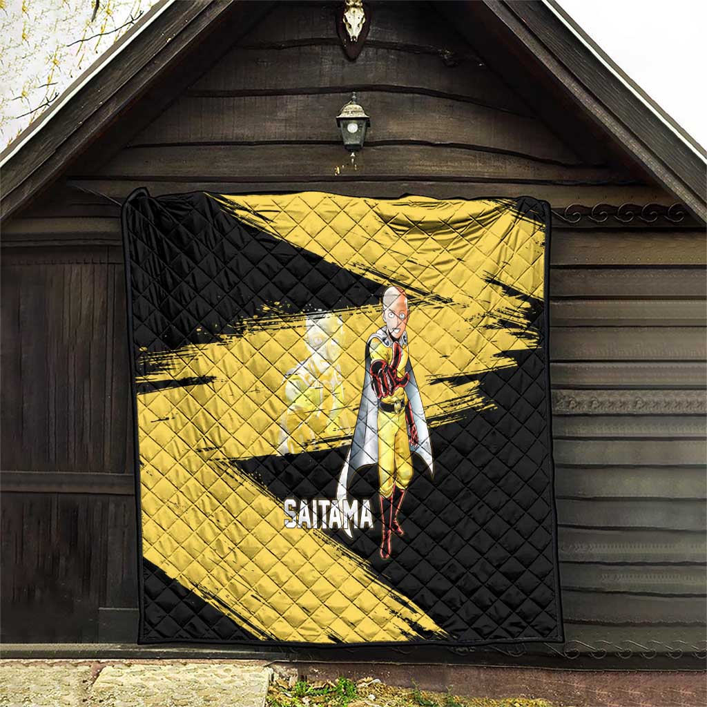 Saitama One Punch Man Anime Yellow and Black Theme Quilt with Heroic Pose and Dynamic Brushstroke Background - The Mazicc