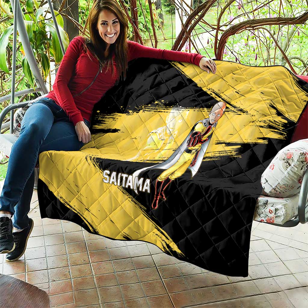 Saitama One Punch Man Anime Yellow and Black Theme Quilt with Heroic Pose and Dynamic Brushstroke Background - The Mazicc