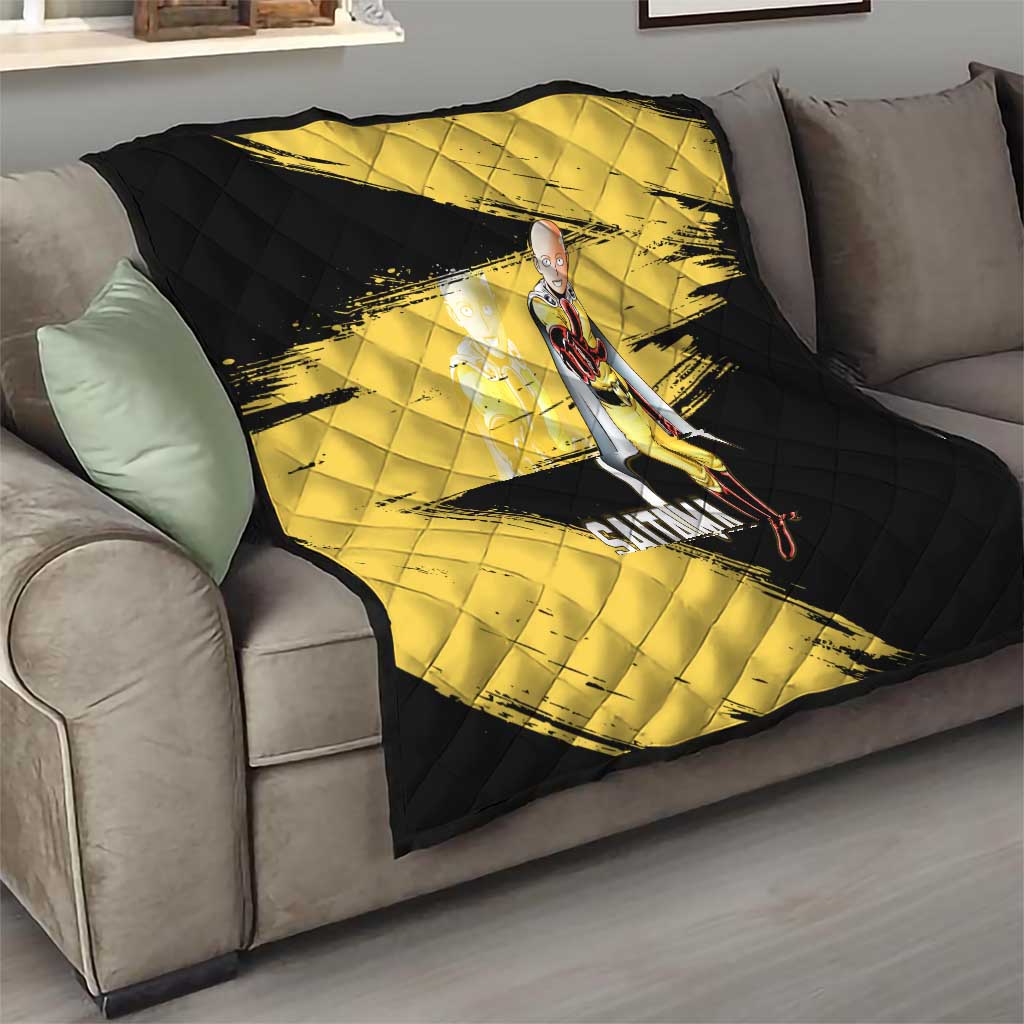 Saitama One Punch Man Anime Yellow and Black Theme Quilt with Heroic Pose and Dynamic Brushstroke Background - The Mazicc