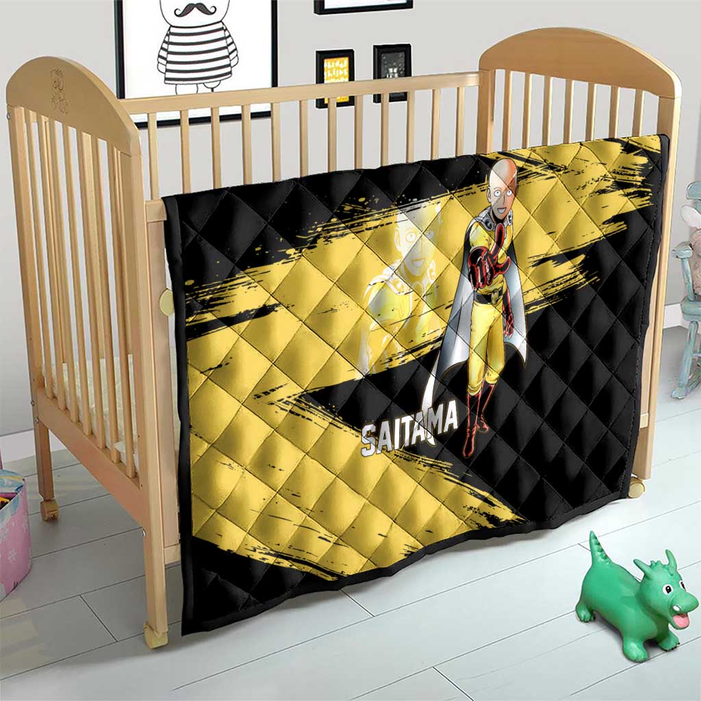 Saitama One Punch Man Anime Yellow and Black Theme Quilt with Heroic Pose and Dynamic Brushstroke Background - The Mazicc