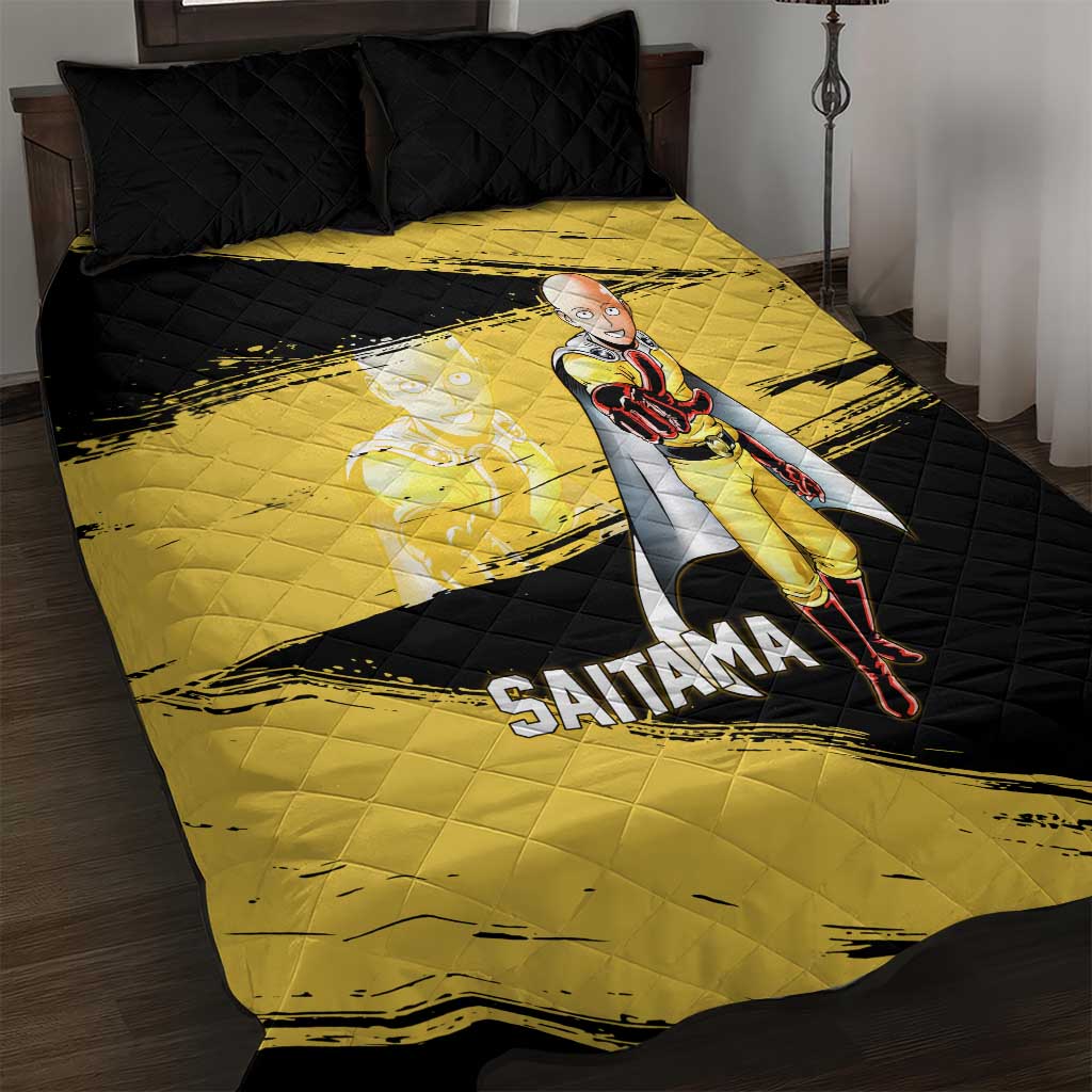Saitama One Punch Man Anime Yellow and Black Theme Quilt Bed Set with Heroic Pose and Dynamic Brushstroke Background - The Mazicc