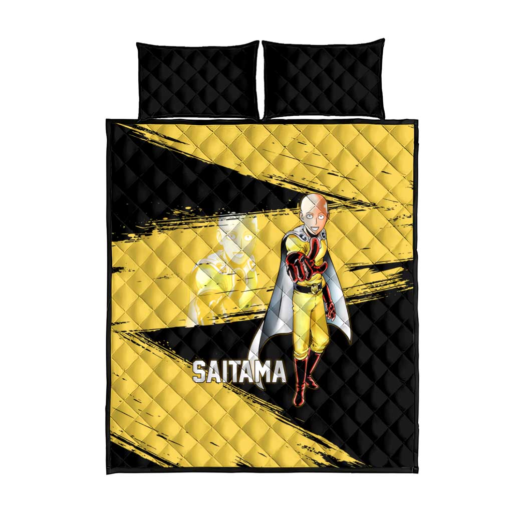 Saitama One Punch Man Anime Yellow and Black Theme Quilt Bed Set with Heroic Pose and Dynamic Brushstroke Background - The Mazicc