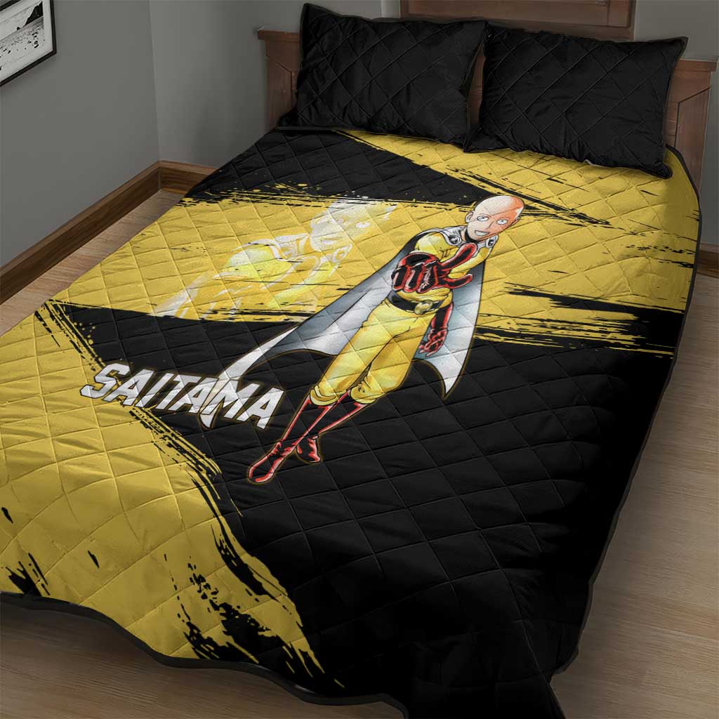 Saitama One Punch Man Anime Yellow and Black Theme Quilt Bed Set with Heroic Pose and Dynamic Brushstroke Background - The Mazicc