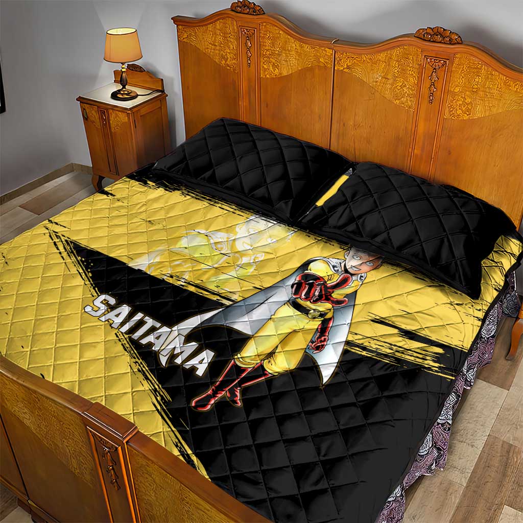 Saitama One Punch Man Anime Yellow and Black Theme Quilt Bed Set with Heroic Pose and Dynamic Brushstroke Background - The Mazicc