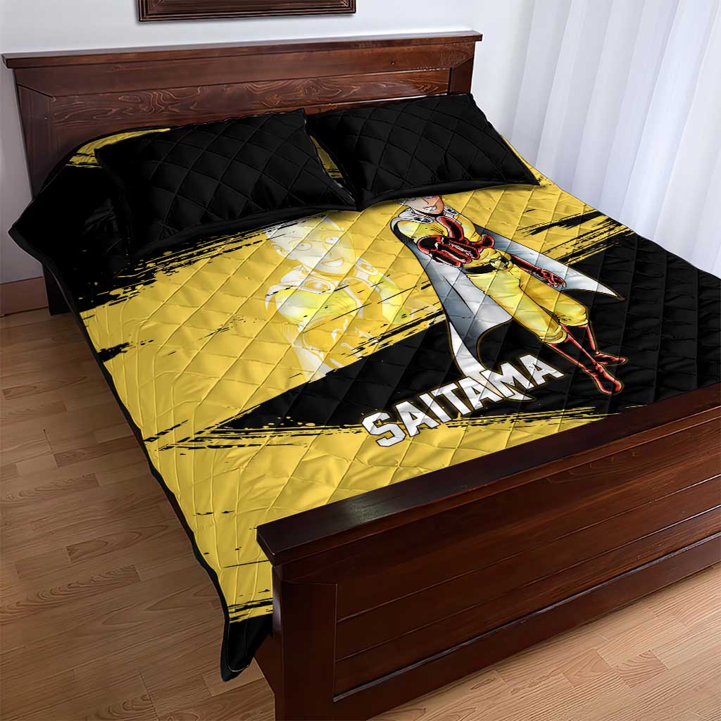 Saitama One Punch Man Anime Yellow and Black Theme Quilt Bed Set with Heroic Pose and Dynamic Brushstroke Background - The Mazicc