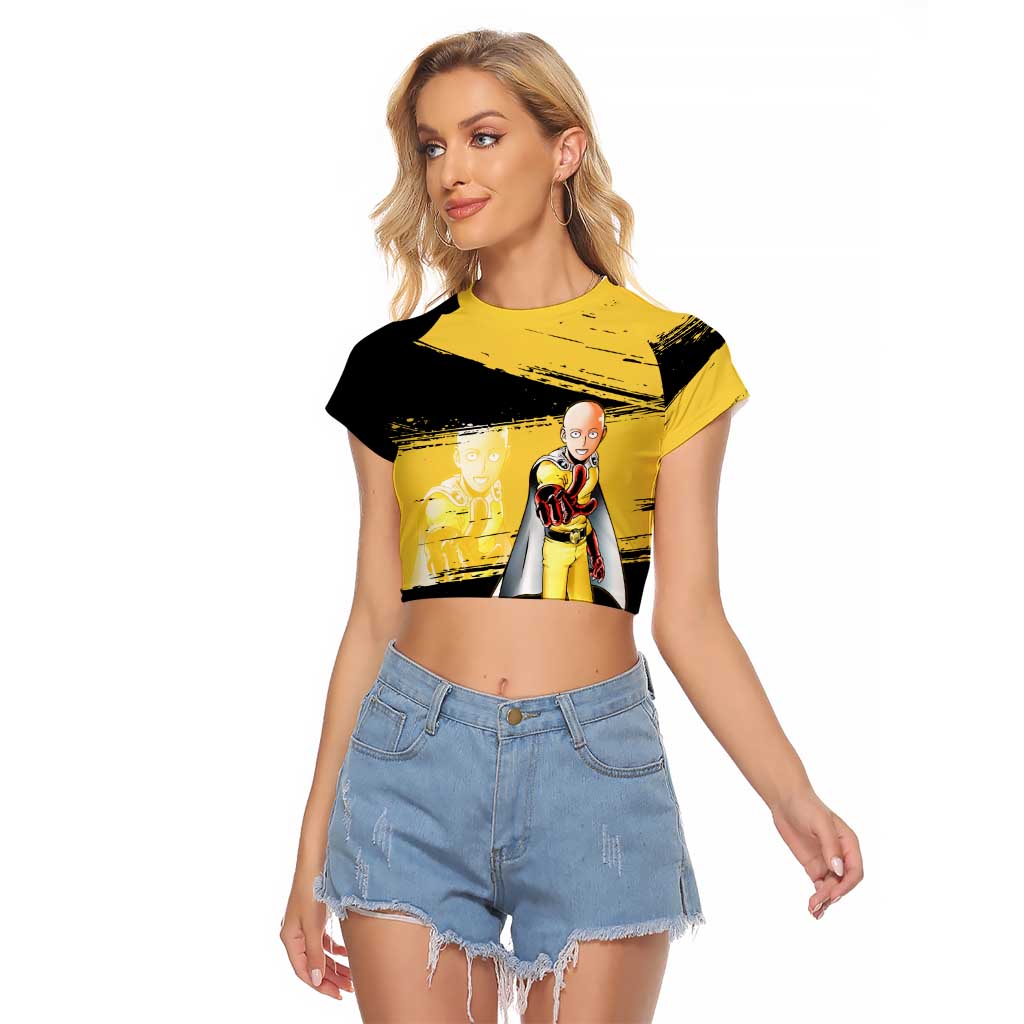 Saitama One Punch Man Anime Yellow and Black Theme Raglan Cropped T Shirt with Heroic Pose and Dynamic Brushstroke Background - The Mazicc