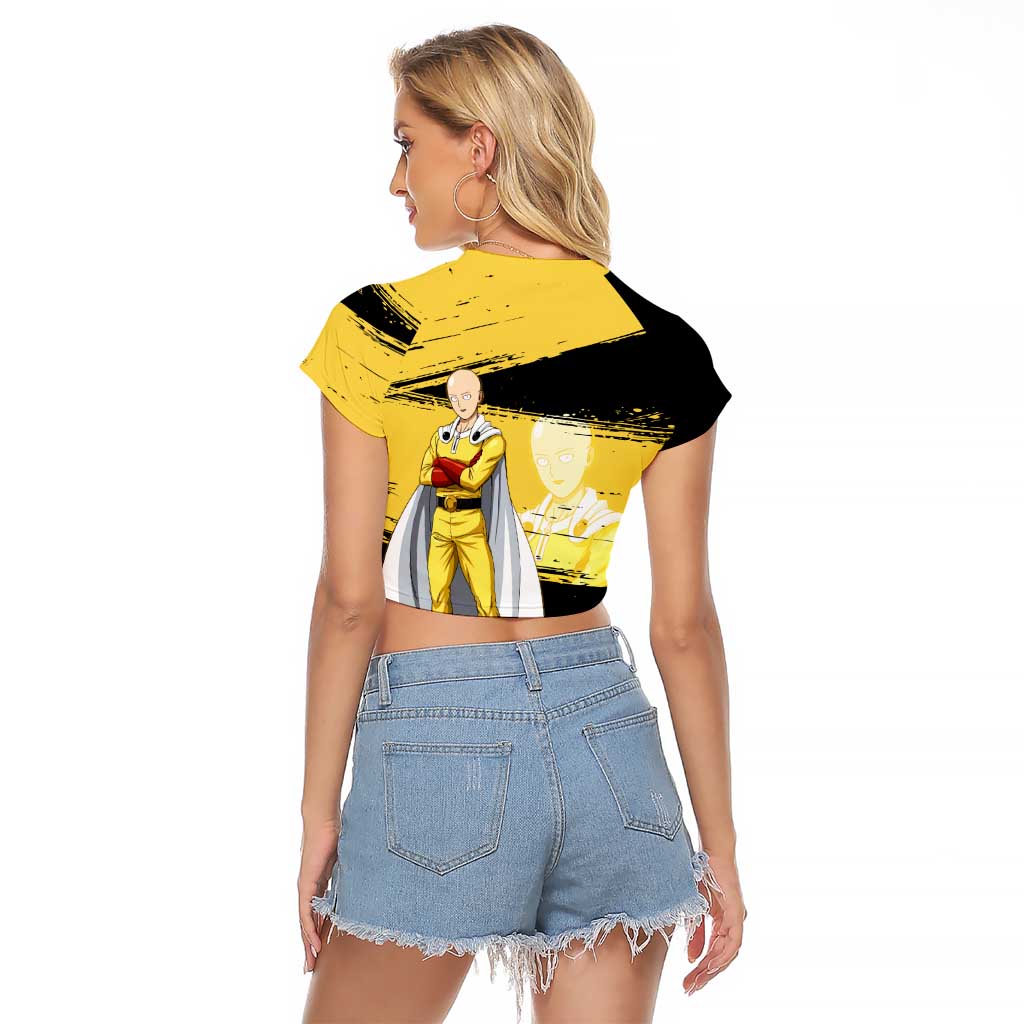 Saitama One Punch Man Anime Yellow and Black Theme Raglan Cropped T Shirt with Heroic Pose and Dynamic Brushstroke Background - The Mazicc