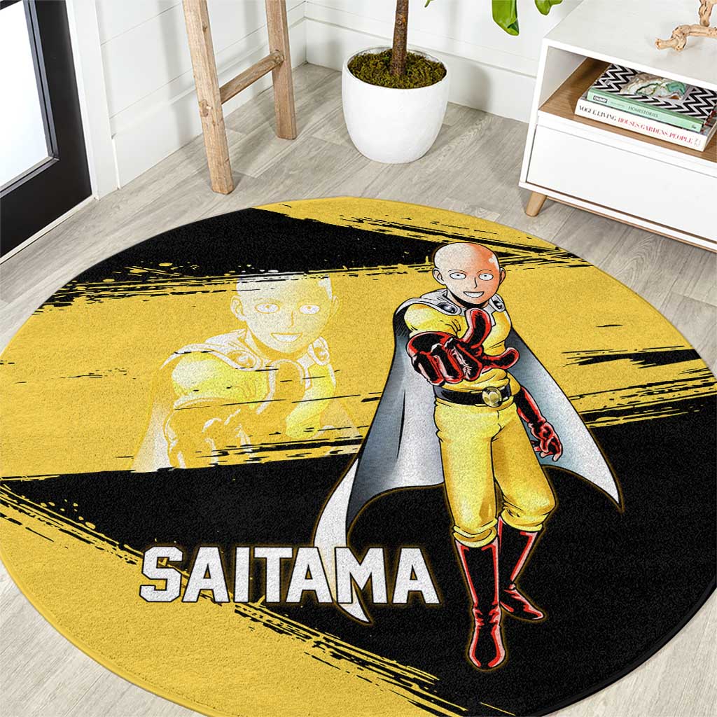 Saitama One Punch Man Anime Yellow and Black Theme Round Carpet with Heroic Pose and Dynamic Brushstroke Background - The Mazicc
