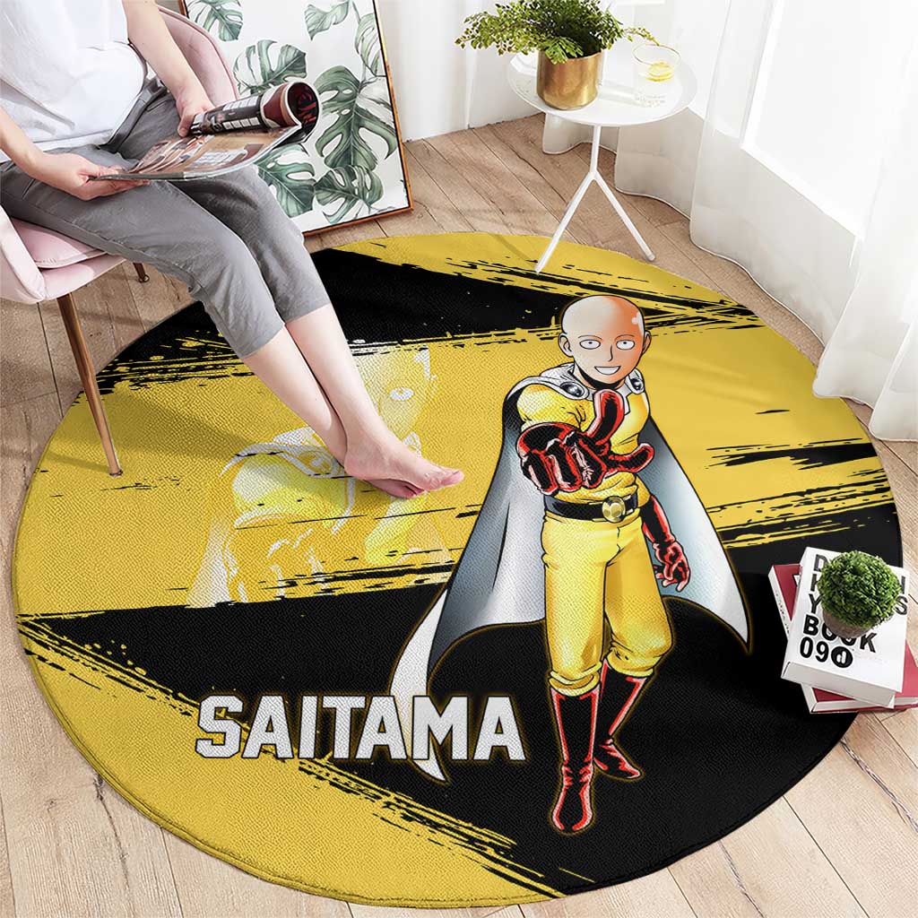 Saitama One Punch Man Anime Yellow and Black Theme Round Carpet with Heroic Pose and Dynamic Brushstroke Background - The Mazicc