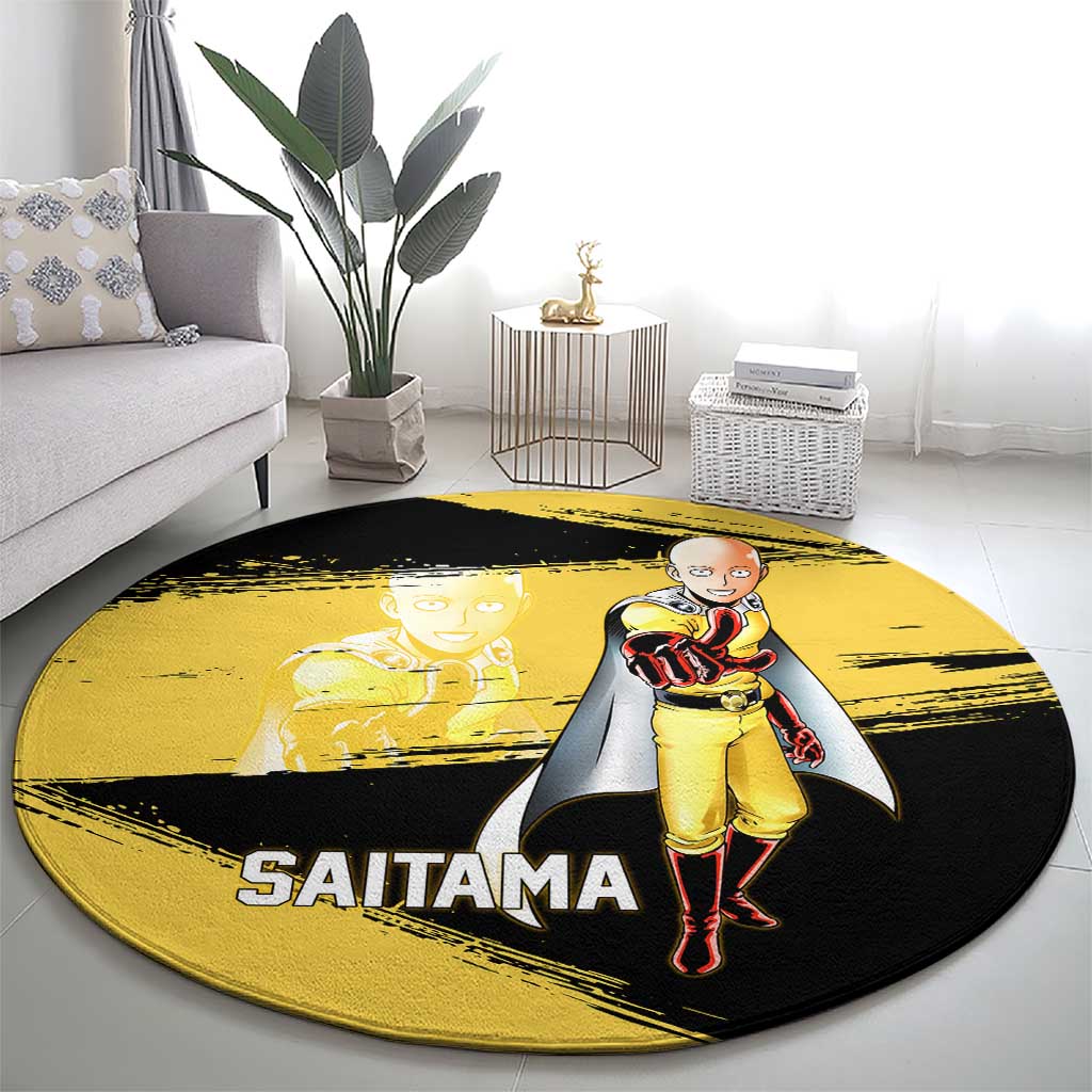 Saitama One Punch Man Anime Yellow and Black Theme Round Carpet with Heroic Pose and Dynamic Brushstroke Background - The Mazicc