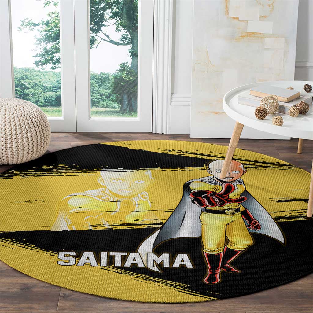 Saitama One Punch Man Anime Yellow and Black Theme Round Carpet with Heroic Pose and Dynamic Brushstroke Background - The Mazicc