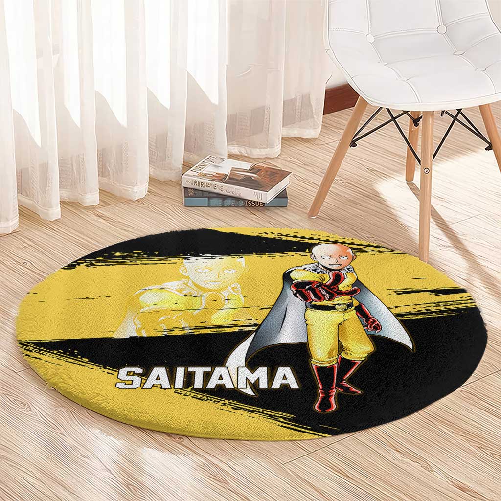 Saitama One Punch Man Anime Yellow and Black Theme Round Carpet with Heroic Pose and Dynamic Brushstroke Background - The Mazicc