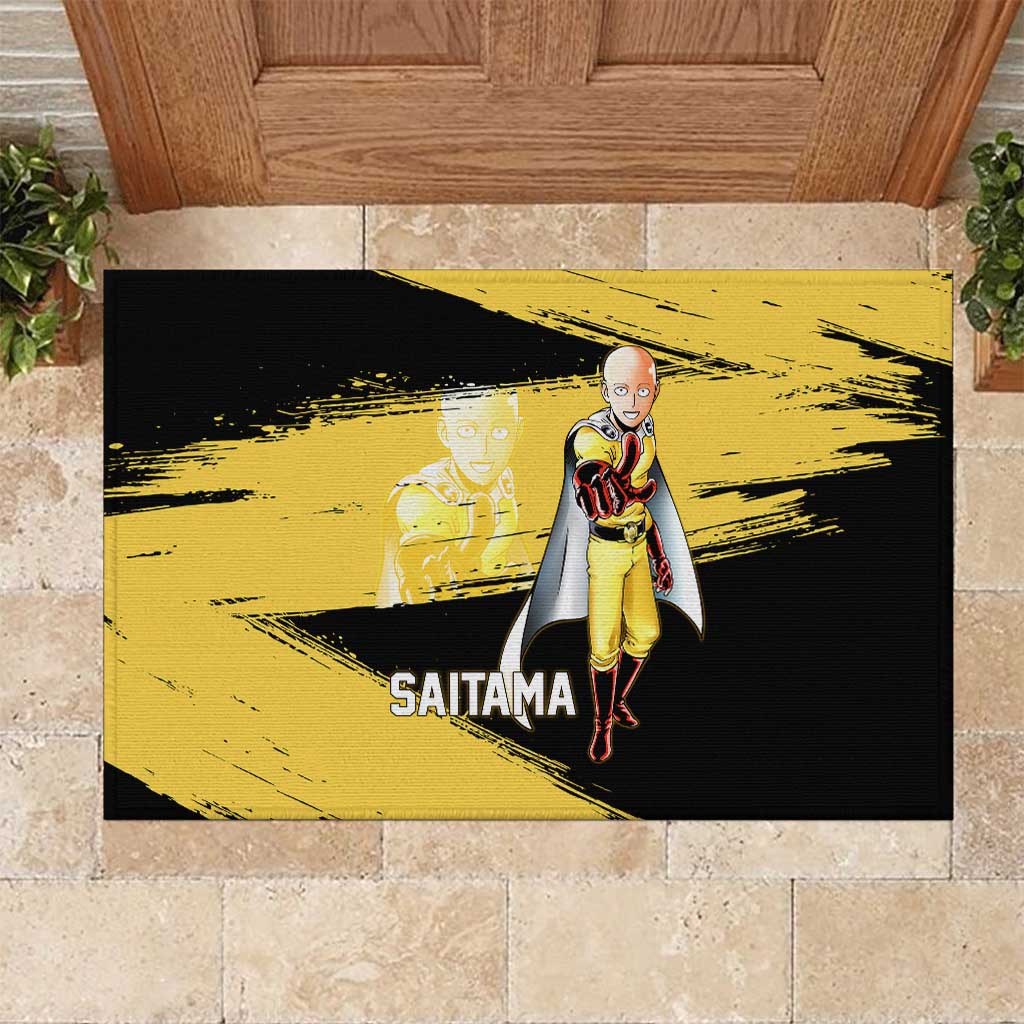 Saitama One Punch Man Anime Yellow and Black Theme Rubber Doormat with Heroic Pose and Dynamic Brushstroke Background - The Mazicc