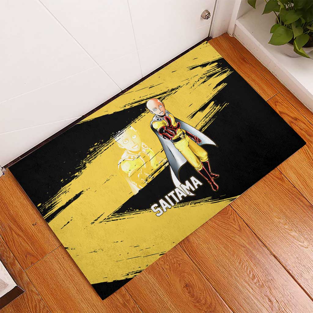 Saitama One Punch Man Anime Yellow and Black Theme Rubber Doormat with Heroic Pose and Dynamic Brushstroke Background - The Mazicc