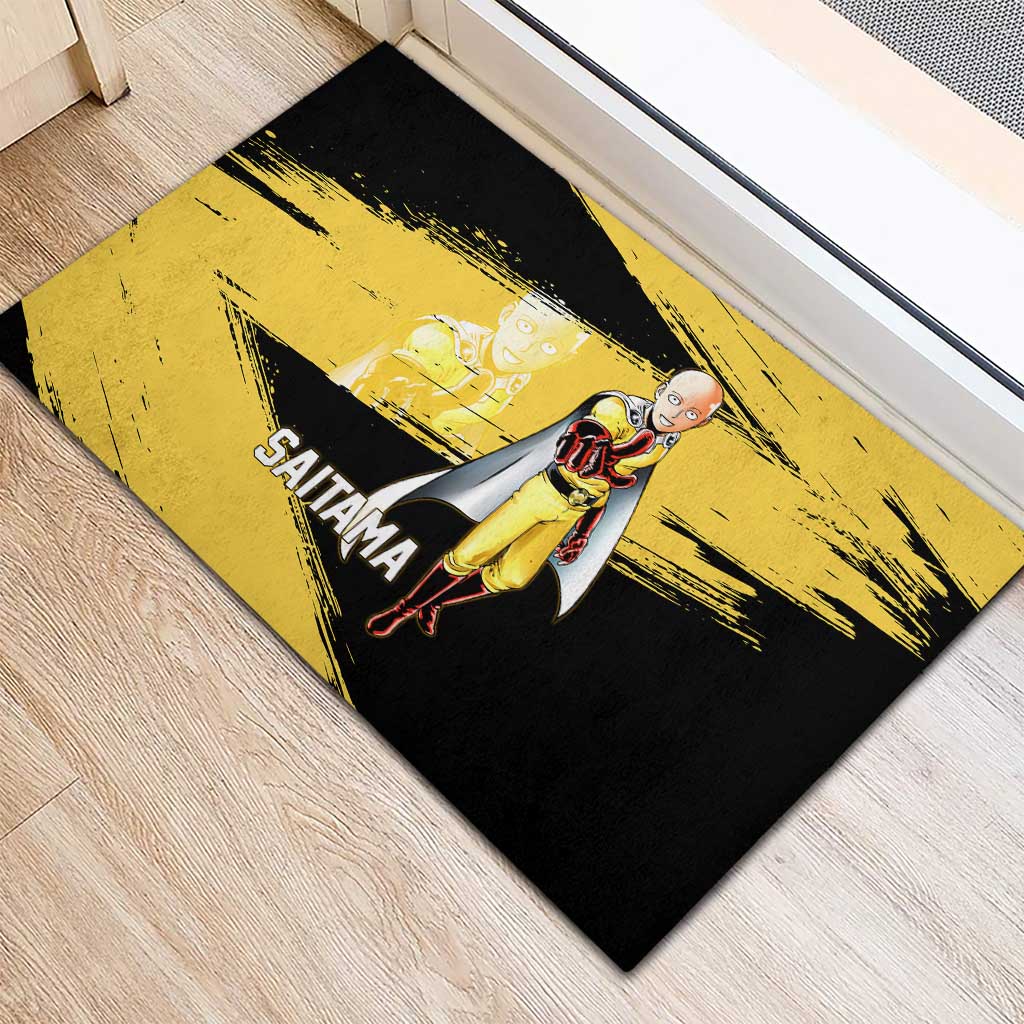 Saitama One Punch Man Anime Yellow and Black Theme Rubber Doormat with Heroic Pose and Dynamic Brushstroke Background - The Mazicc