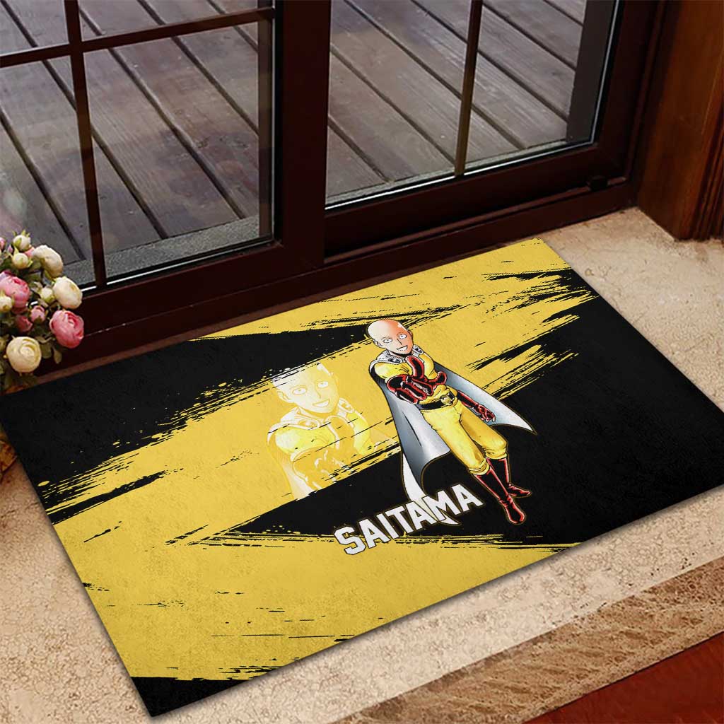 Saitama One Punch Man Anime Yellow and Black Theme Rubber Doormat with Heroic Pose and Dynamic Brushstroke Background - The Mazicc
