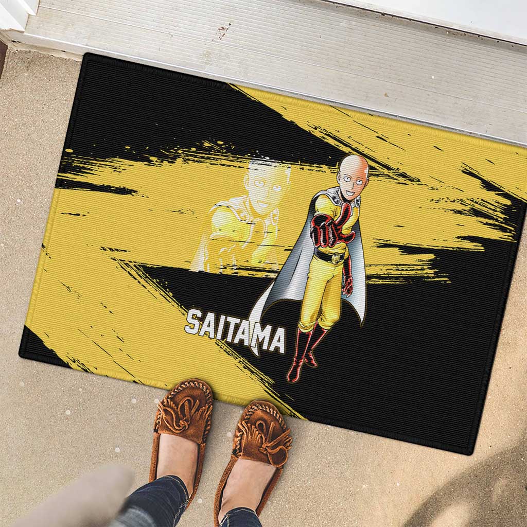 Saitama One Punch Man Anime Yellow and Black Theme Rubber Doormat with Heroic Pose and Dynamic Brushstroke Background - The Mazicc