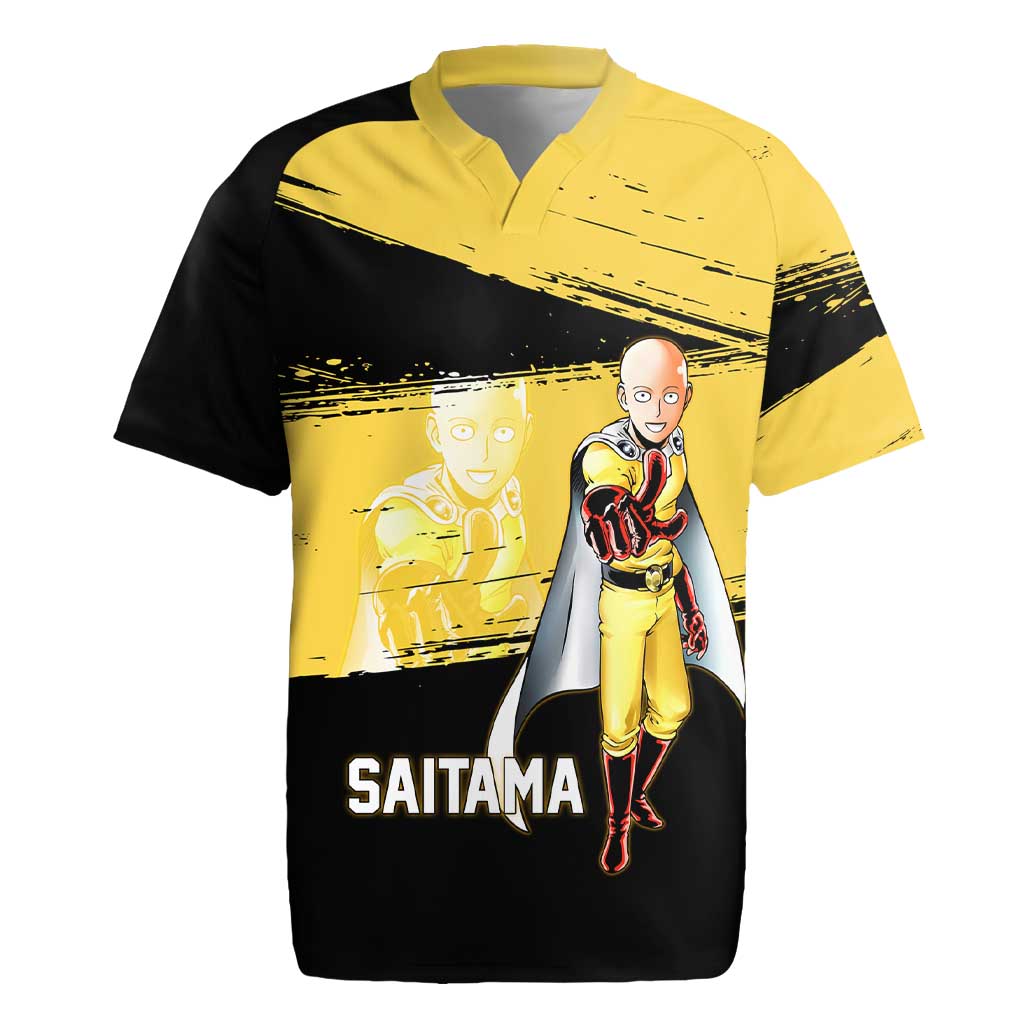 Saitama One Punch Man Anime Yellow and Black Theme Rugby Jersey with Heroic Pose and Dynamic Brushstroke Background - The Mazicc