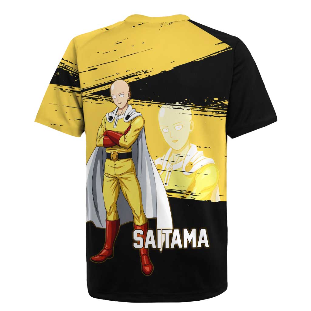 Saitama One Punch Man Anime Yellow and Black Theme Rugby Jersey with Heroic Pose and Dynamic Brushstroke Background - The Mazicc